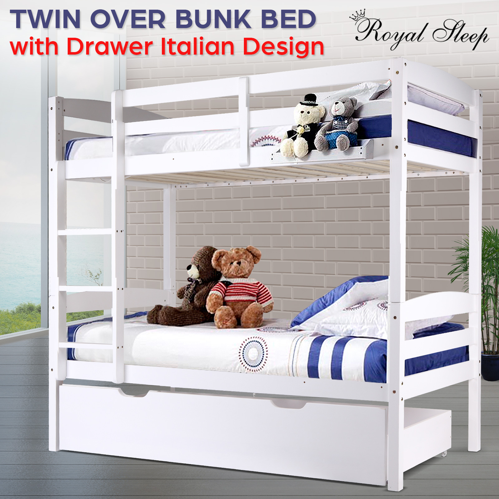 White Pine Wood Single Bunk Beds for Kids