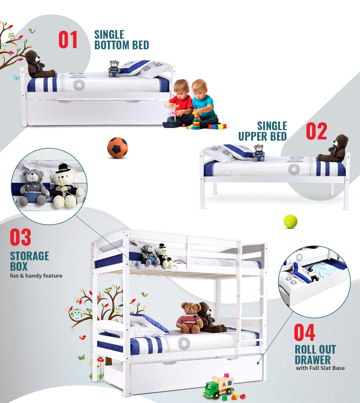 White Pine Wood Single Bunk Beds for Kids