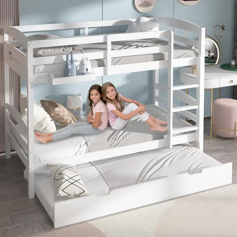 Bunk Bed w/ Trundle Solid Pine Frame Children Bedroom Kids Furniture