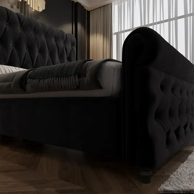 Alexandra Queen Bed Frame Velvet Solid Wooden Base Platform Black