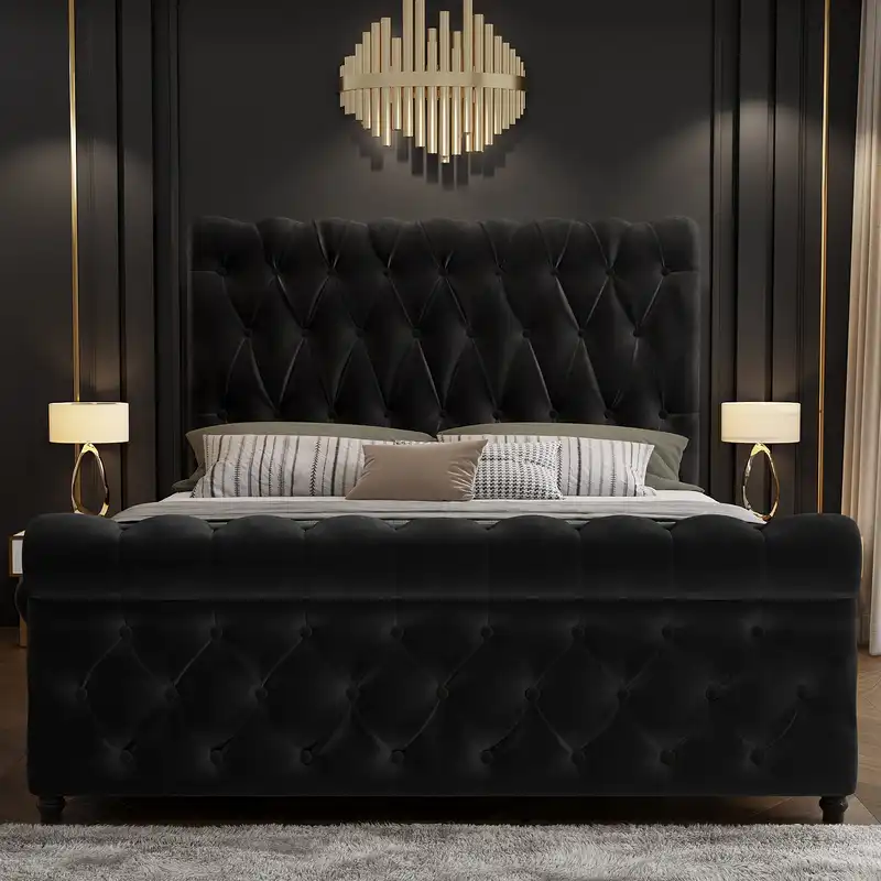 Alexandra Queen Bed Frame Velvet Solid Wooden Base Platform Black