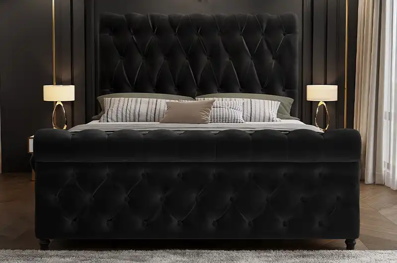 Alexandra Queen Bed Frame Velvet Solid Wooden Base Platform Black