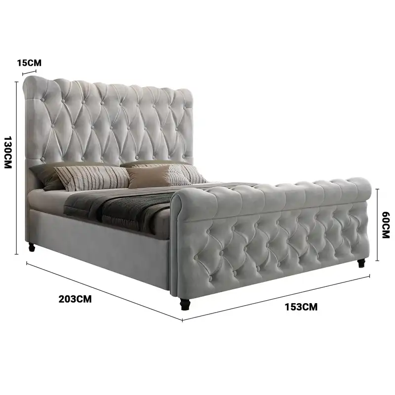 Alexandra Queen Bed Frame Velvet Solid Wooden Base Platform Grey