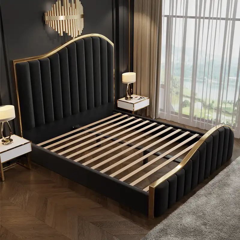 Stella Queen Bed Frame Velvet Solid Wooden Base Platform Black Gold
