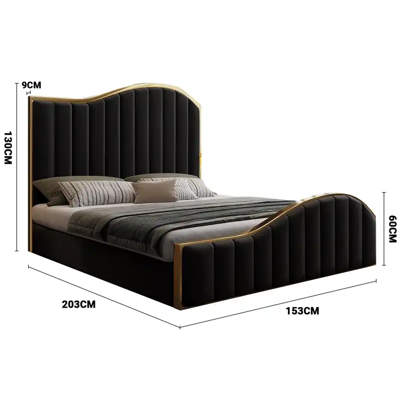 Stella Queen Bed Frame Velvet Solid Wooden Base Platform Black Gold